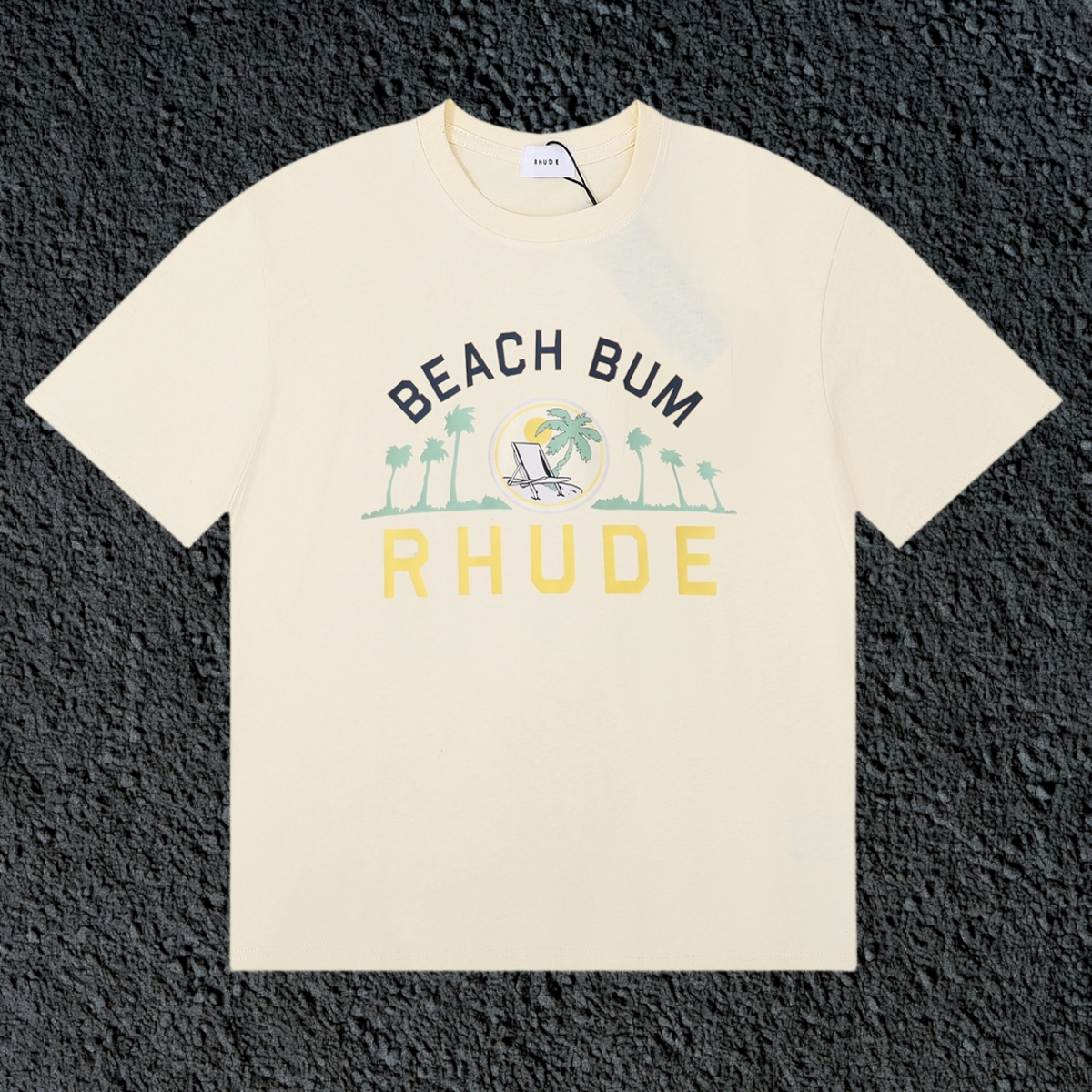 Rhude Beach Bum Palm Beach Retro Varsity Cream Oversized T‑Shirt