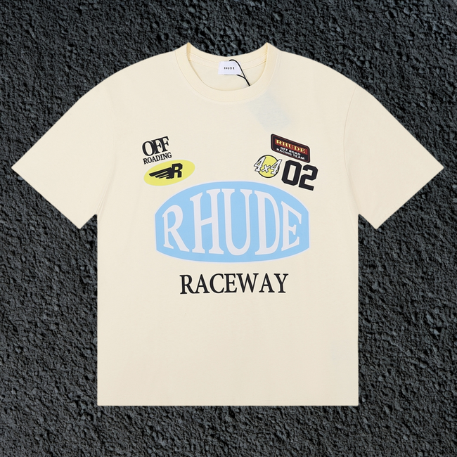 Rhude Raceway Multi‑Patch Racing Badge Cream Oversized T‑Shirt Hover Image