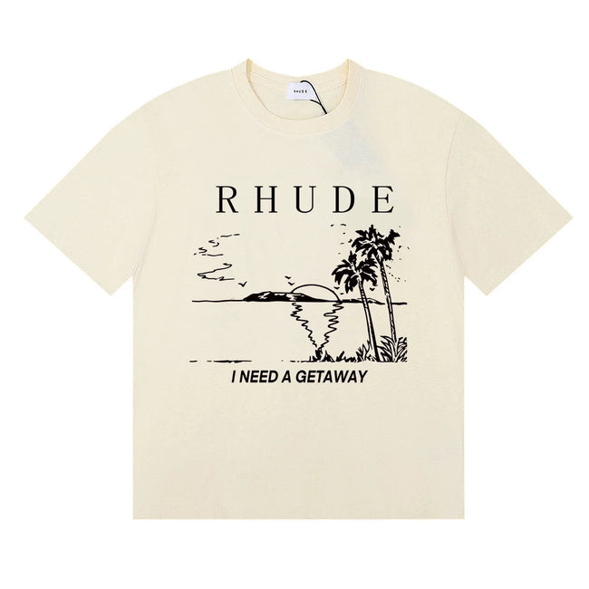 Rhude I Need A Getaway Beach Palm Tree Graphic Cream Oversized T‑Shirt Hover Image
