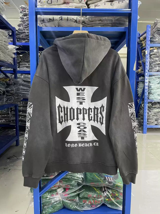 West Coast Choppers Cross Logo Sleeve‑Print Vintage Wash Zip‑Up Hoodie Main Image