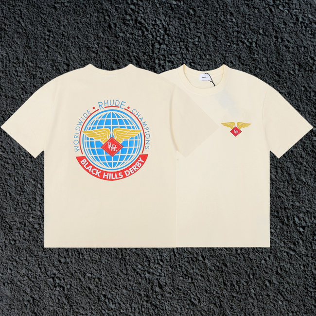 Rhude Black Hills Derby Globe Wing Back Print Cream Oversized T‑Shirt Hover Image