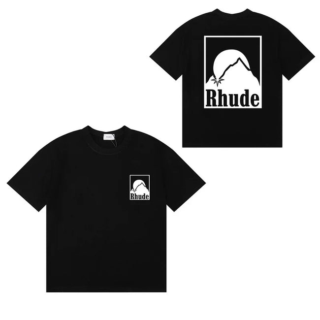 Rhude Mountain Sunset Front Back Graphic Oversized Tee Black Hover Image