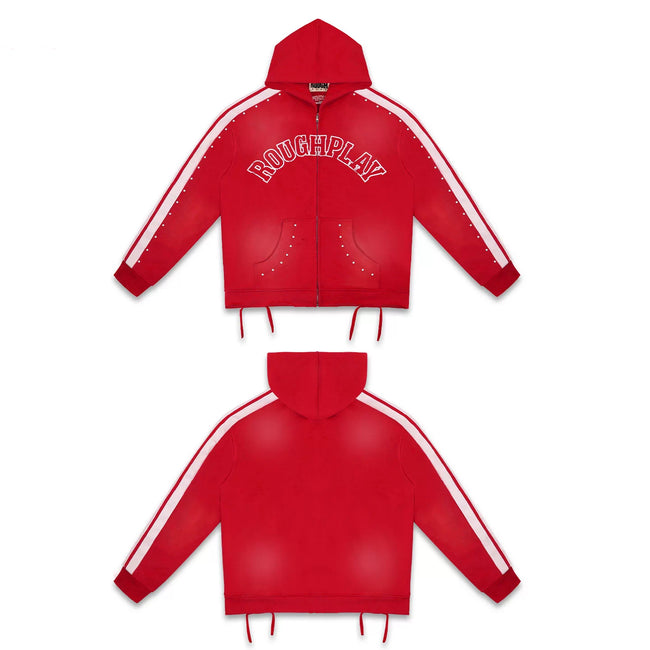 Roughplay Red Side‑Stripe Zip‑Up Hoodie Hover Image