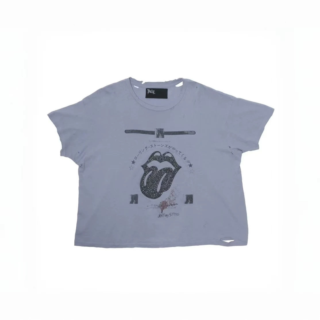 Play Hollywood Rolling‑Style Tongue‑Logo Japanese‑Text Collage Cropped Boxy Short‑Sleeve Tee
