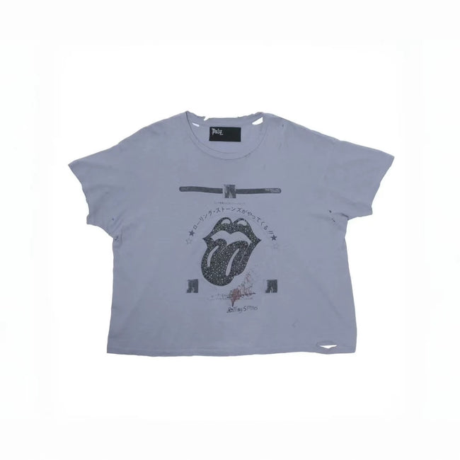 Play Hollywood Rolling‑Style Tongue‑Logo Japanese‑Text Collage Cropped Boxy Short‑Sleeve Tee Hover Image