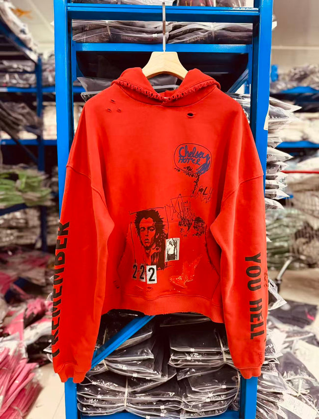 Play Hollywood Vintage‑Wash Red Cropped  Oversized Hoodie Hover Image
