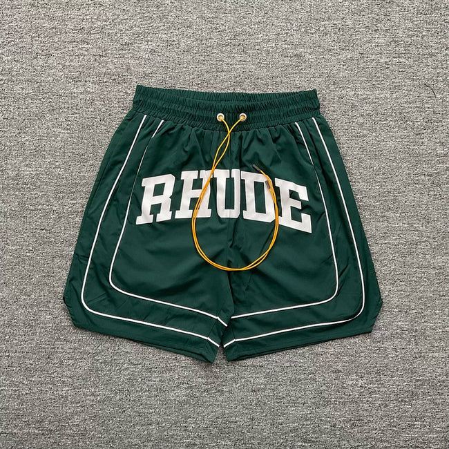 Rhude Teal Varsity Stripe Nylon Shorts Hover Image