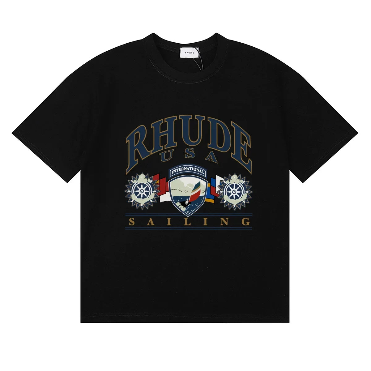 Rhude Arch Logo Sailing Wheel‑Flag Print Crew Neck Casual T‑Shirt