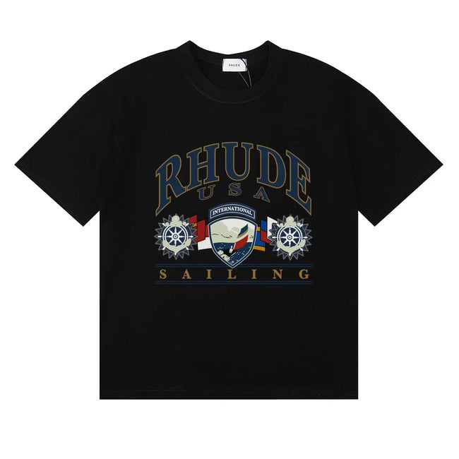 Rhude Arch Logo Sailing Wheel‑Flag Print Crew Neck Casual T‑Shirt Hover Image
