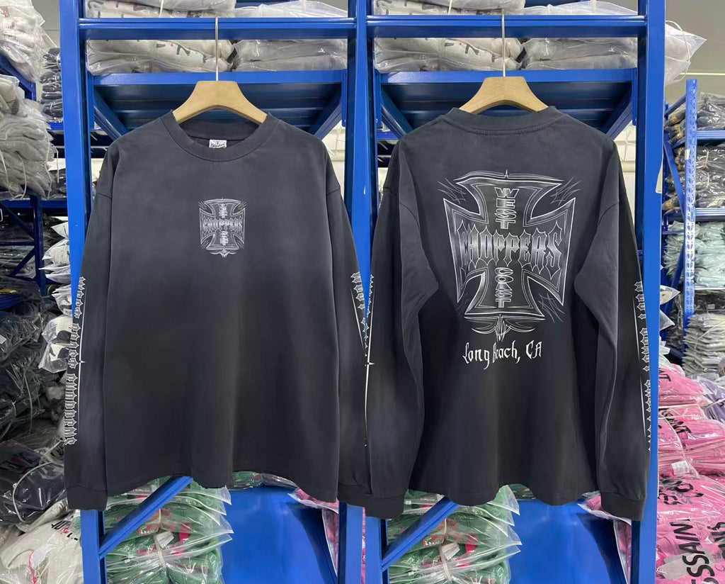 West Coast Choppers Front‑Back‑Sleeve Cross‑Logo Vintage Wash Long‑Sleeve Tee Black‑Blue