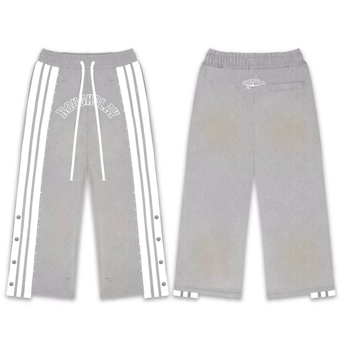 Roughplay Grey Side‑Stripe Snap Button Wide Leg Sweatpants