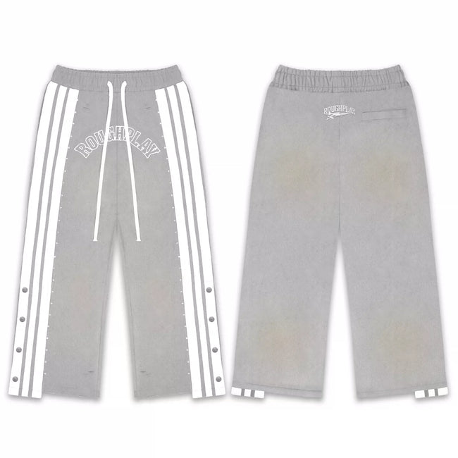 Roughplay Grey Side‑Stripe Snap Button Wide Leg Sweatpants Hover Image