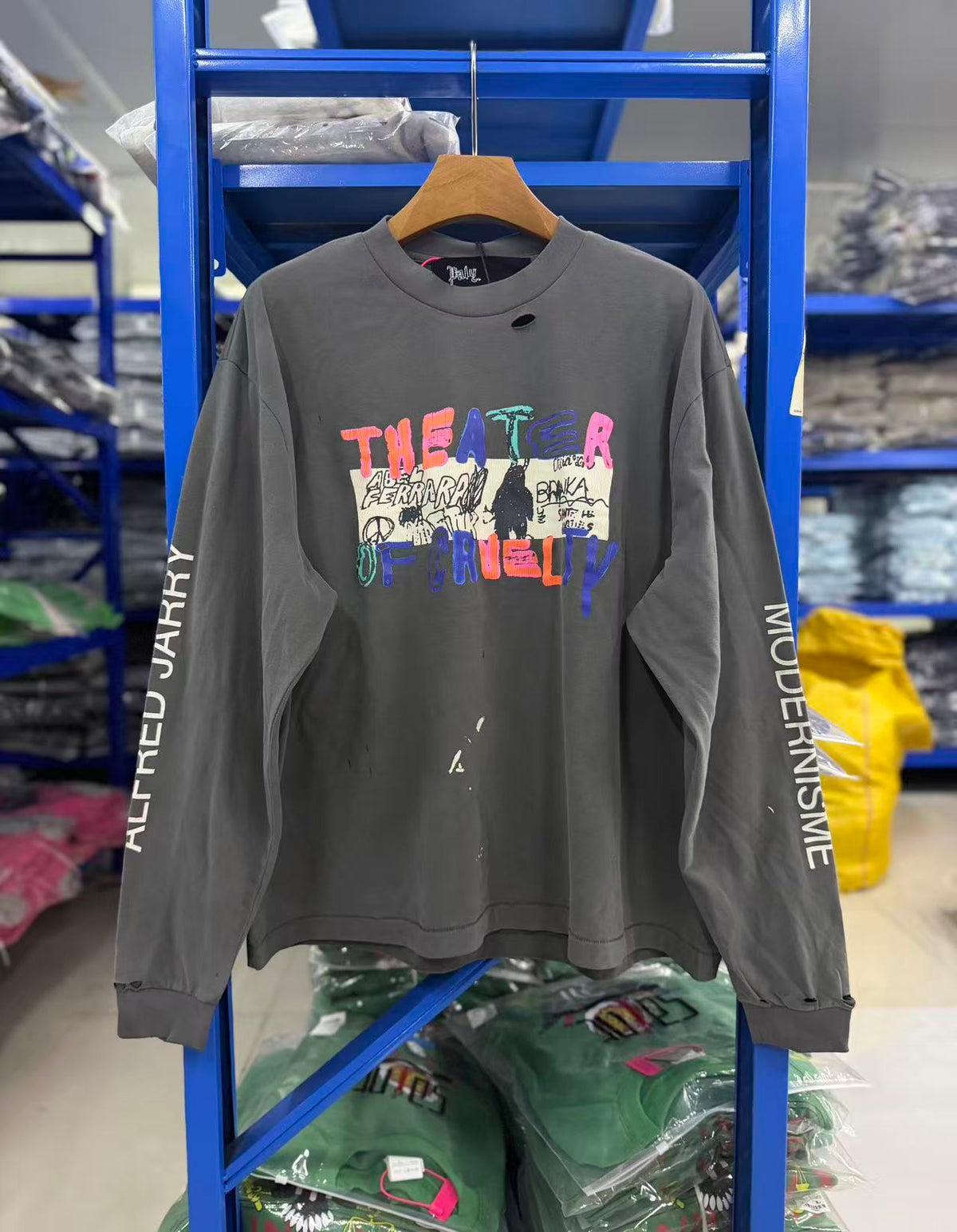 Play Hollywood Vintage‑Wash Grey Multi‑Ripped Long Sleeve T‑Shirt