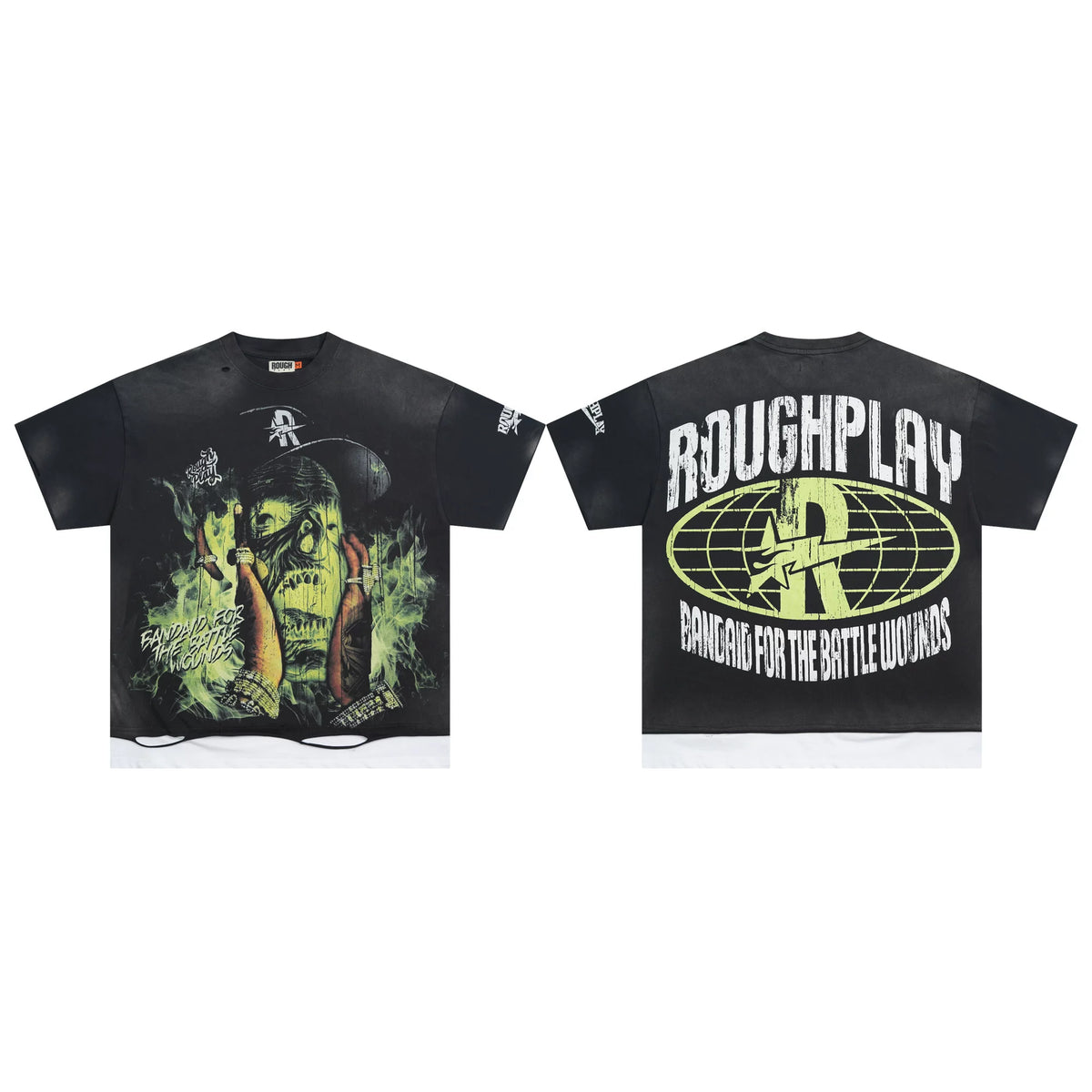 Roughplay Black Distressed Ripped Hem Boxy Cropped T‑Shirt
