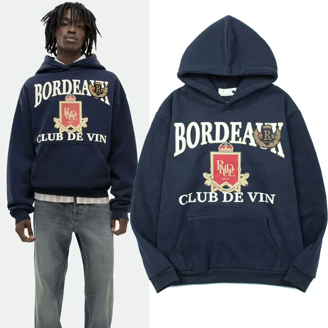 Rhude Bordeaux Club Wine Crest Graphic Oversized Hoodie Navy Hover Image