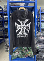 West Coast Choppers Dual‑Sided Cross Sleeve‑Print Vintage Wash Pullover Hoodie Black