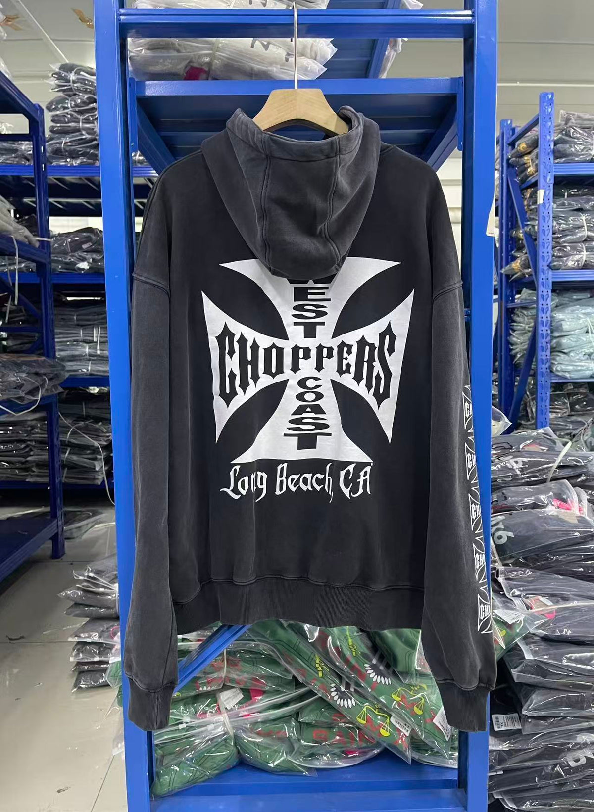 West Coast Choppers Dual‑Sided Cross Sleeve‑Print Vintage Wash Pullover Hoodie Black