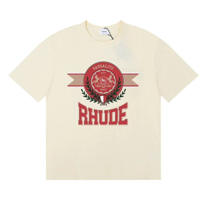 Rhude Sausalito Laurel Crest Varsity Logo Cream Oversized T‑Shirt Hover Image