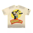 Roughplay Vintage Cartoon Rabbit Globe Logo Cream Smoke‑Wash Raw‑Hem Boxy Cropped T‑Shirt