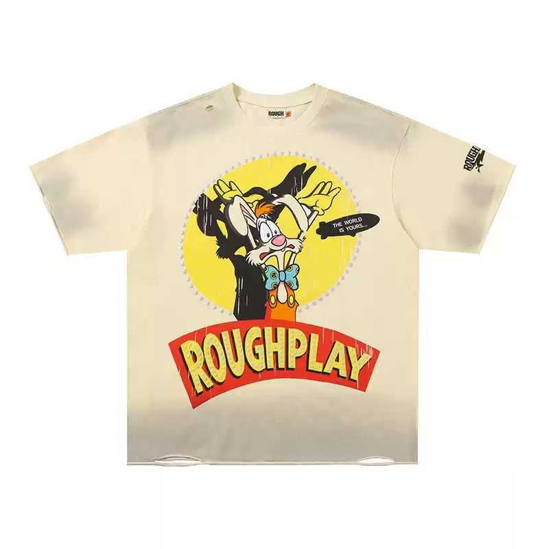 Roughplay Vintage Cartoon Rabbit Globe Logo Cream Smoke‑Wash Raw‑Hem Boxy Cropped T‑Shirt