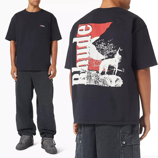 Rhude Wolf Mountain Back Print Pocket Oversized T‑Shirt Black Hover Image