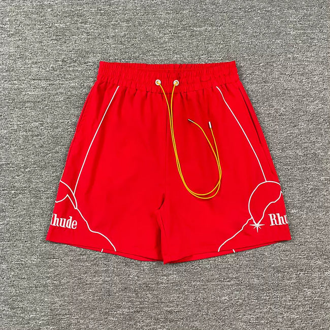 Rhude Outline Print Red Nylon Shorts Hover Image