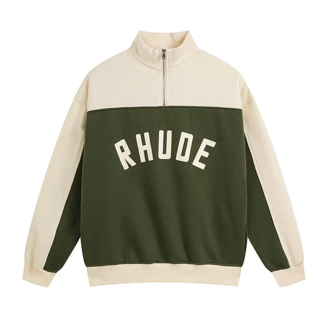 Rhude Color Block Quarter Zip Arch Logo Sweatshirt Green Hover Image