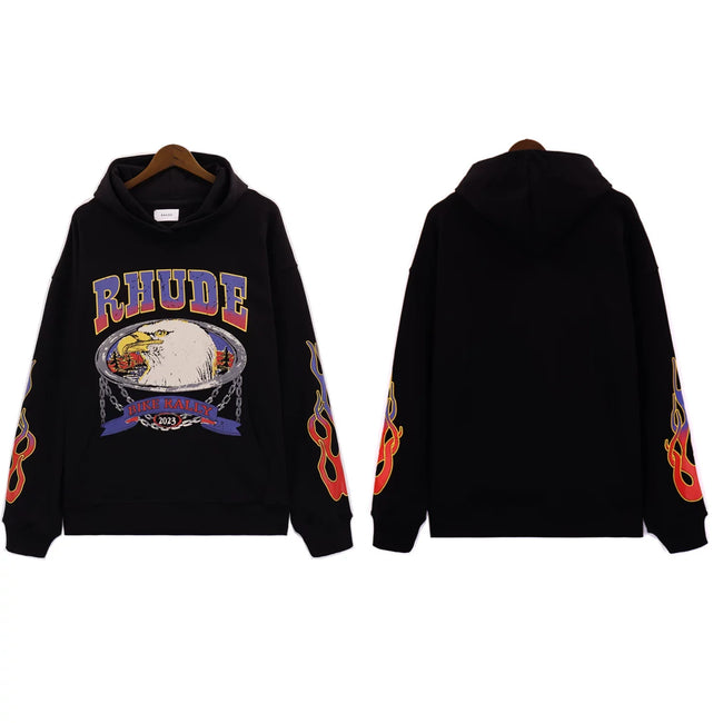 RHUDE Eagle Graphic Flame Sleeve Hoodie Black Hover Image