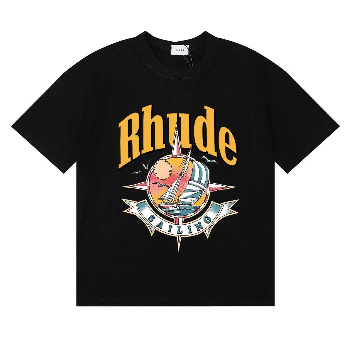 Rhude Sailing Compass Sailboat Vintage Graphic Black Oversized T‑Shirt