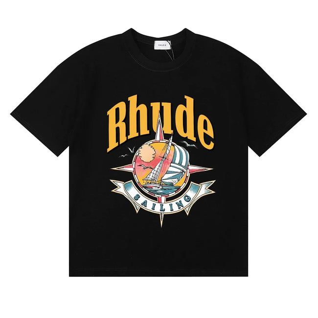 Rhude Sailing Compass Sailboat Vintage Graphic Black Oversized T‑Shirt Hover Image