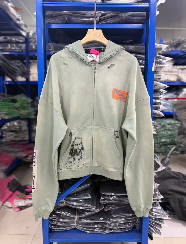Play Hollywood Vintage‑Wash Green Zip‑Up Oversized Hoodie Hover Image