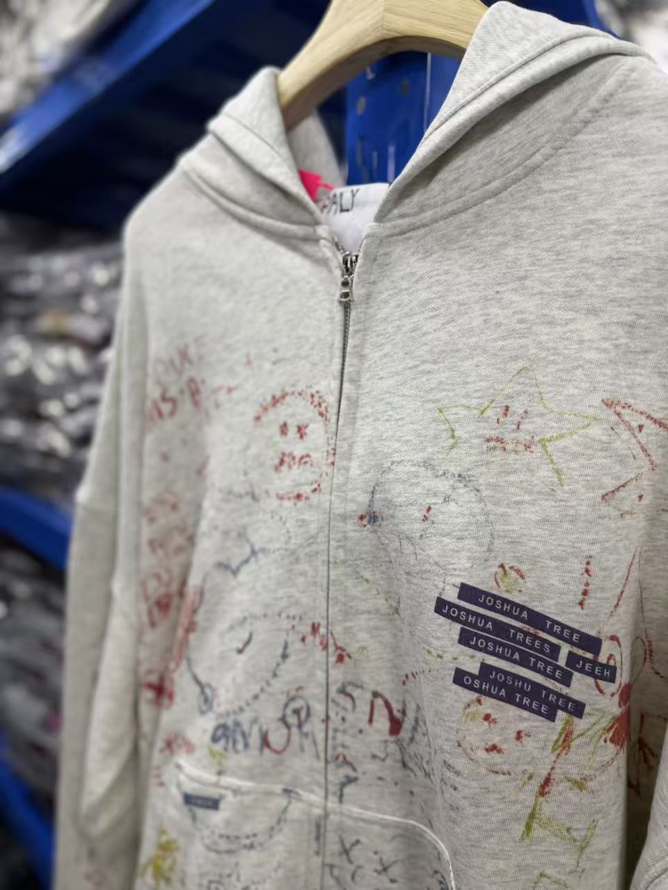 Play Hollywood Vintage‑Wash Heather Gray Zip‑Up Oversized Hoodie