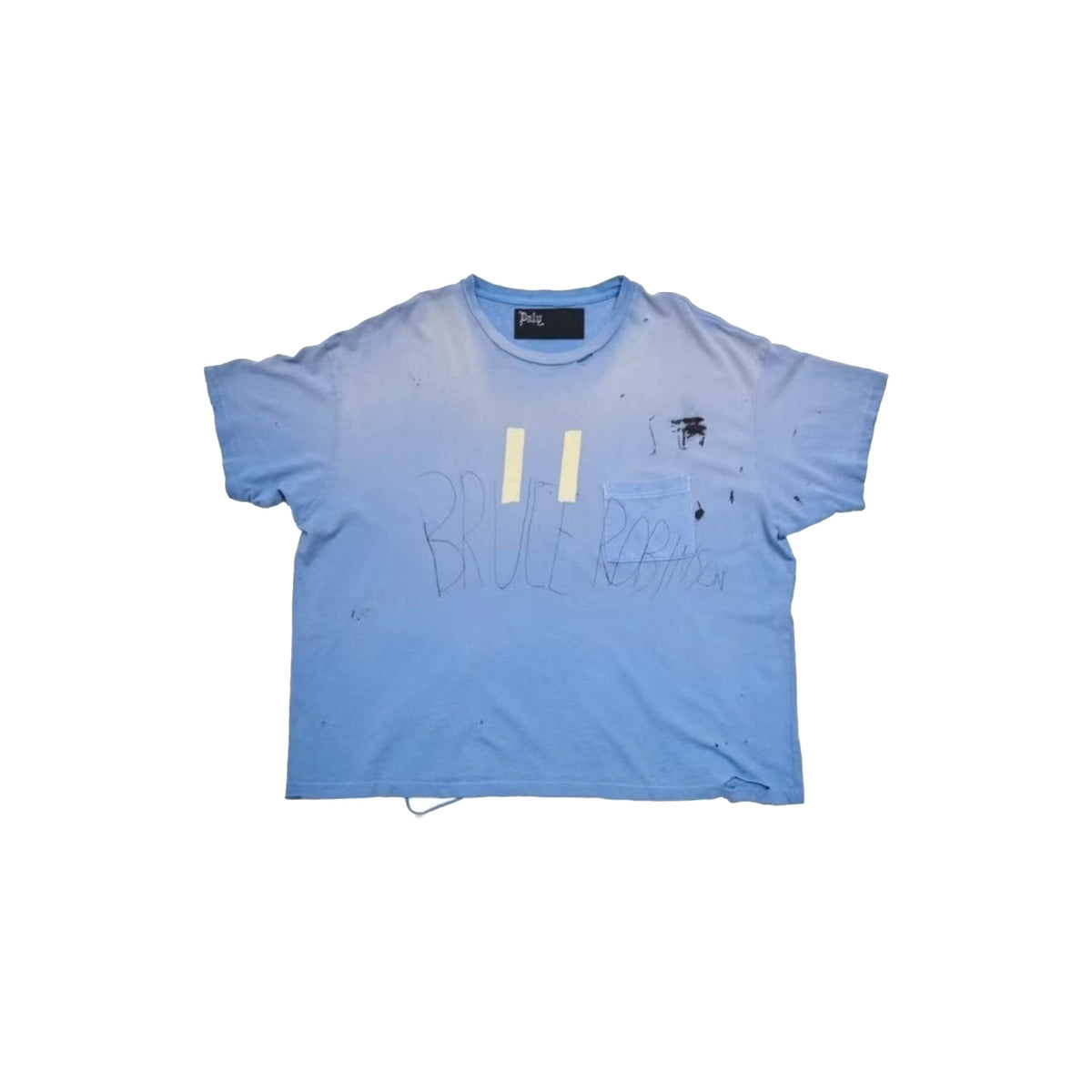 Play Hollywood Bruce Robinson Hand‑Scribble Tape‑Accent Paint‑Splatter Pocket Cropped Boxy Short‑Sleeve Tee