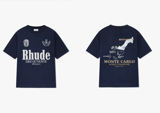 Rhude Monte Carlo Monaco Map Crest Dual‑Sided Oversized T‑Shirt Navy Hover Image