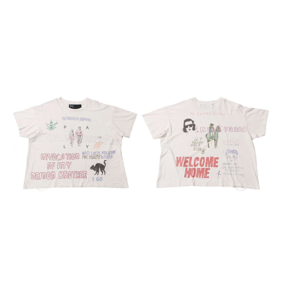 Play Hollywood Invocation Of My Demon Brother Multi‑Color Doodle‑Collage Front‑Back Cropped Boxy Short‑Sleeve Tee