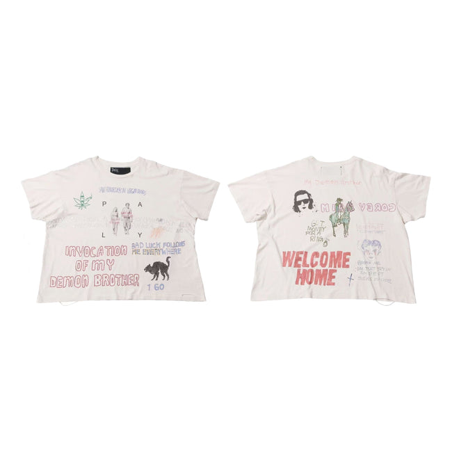 Play Hollywood Invocation Of My Demon Brother Multi‑Color Doodle‑Collage Front‑Back Cropped Boxy Short‑Sleeve Tee Hover Image