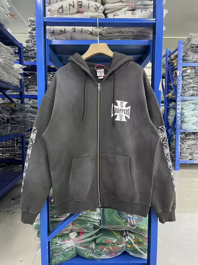 West Coast Choppers Cross Logo Sleeve‑Print Vintage Wash Zip‑Up Hoodie Hover Image