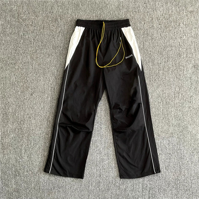 Rhude Knee Pleated Color‑Block Wide Leg Nylon Track Pants Black Hover Image