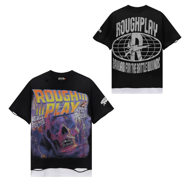 Roughplay Black Washed Ripped Hem Boxy Cropped T‑Shirt Hover Image