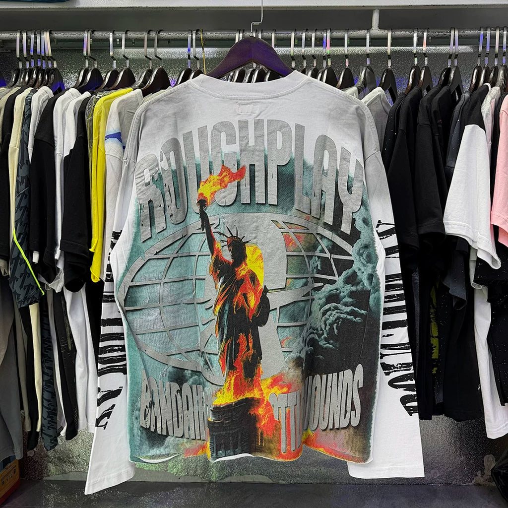 Roughplay Statue Of Liberty Sunset Rhinestone‑Style Vintage Distressed Long Sleeve T‑Shirt