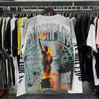 Roughplay Statue Of Liberty Sunset Rhinestone‑Style Vintage Distressed Long Sleeve T‑Shirt