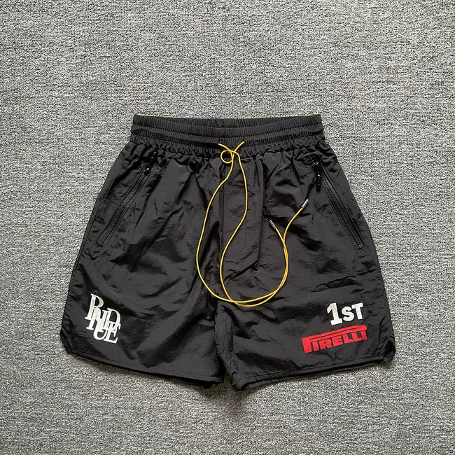 Rhude Black Nylon Racing Graphic Shorts Hover Image