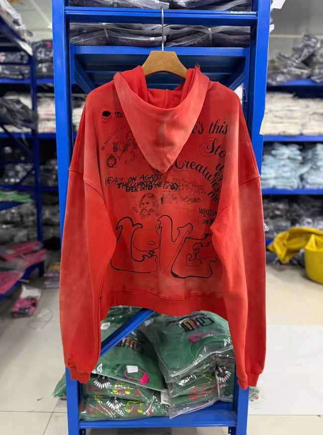 Play Hollywood Vintage‑Wash Red Cropped Pullover Oversized Hoodie Main Image