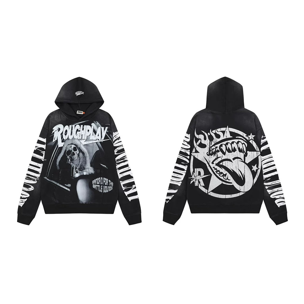 Roughplay B&W Skeleton Drummer Tongue Star Vintage Distressed Hoodie