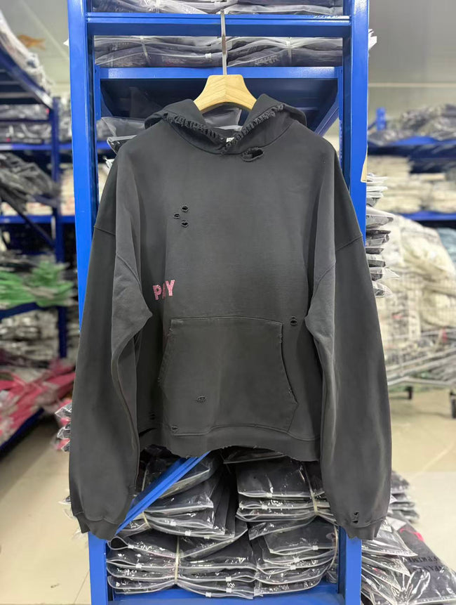 Play Hollywood Vintage‑Wash Black Cropped Oversized Hoodie Hover Image