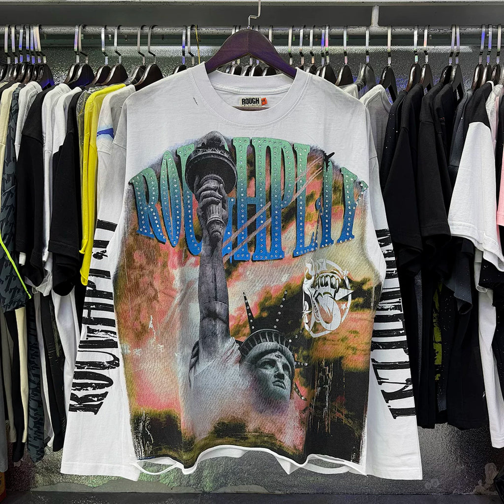 Roughplay Statue Of Liberty Sunset Rhinestone‑Style Vintage Distressed Long Sleeve T‑Shirt
