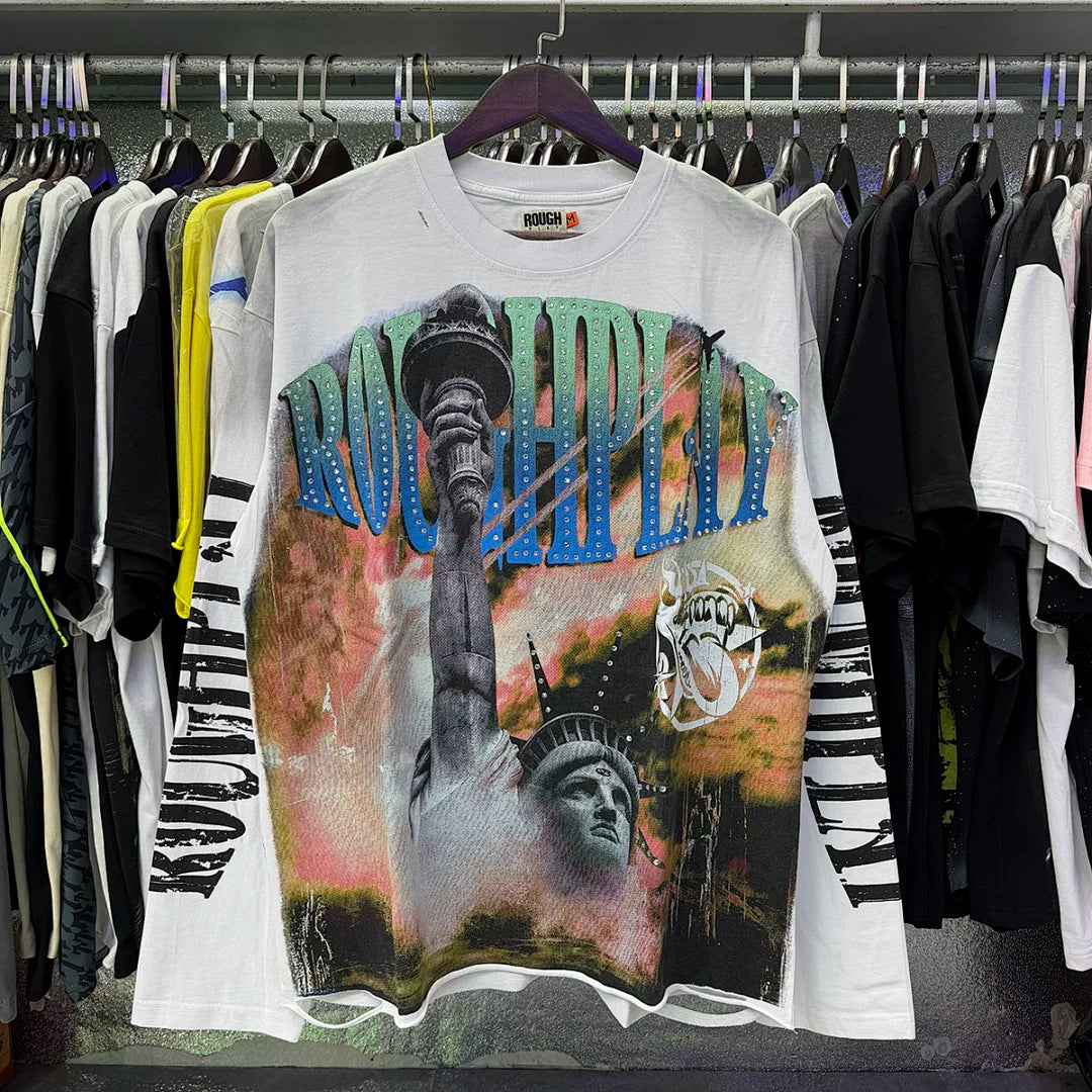 Roughplay Statue Of Liberty Sunset Rhinestone‑Style Vintage Distressed Long Sleeve T‑Shirt