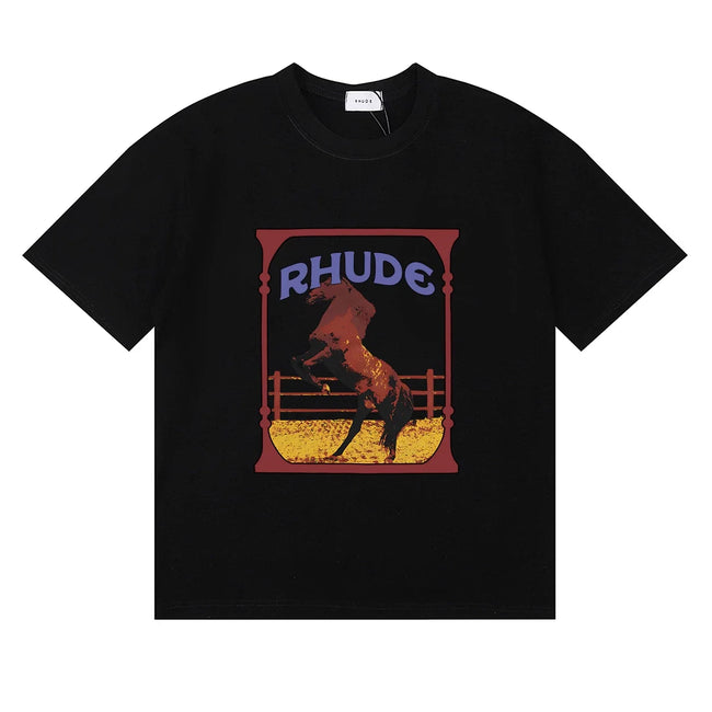 Rhude Wild Steed Horse Frame Vintage Print Black Oversized T‑Shirt Hover Image