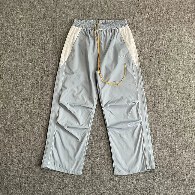 Rhude Knee Pleated Color‑Block Wide Leg Nylon Track Pants Grey Hover Image