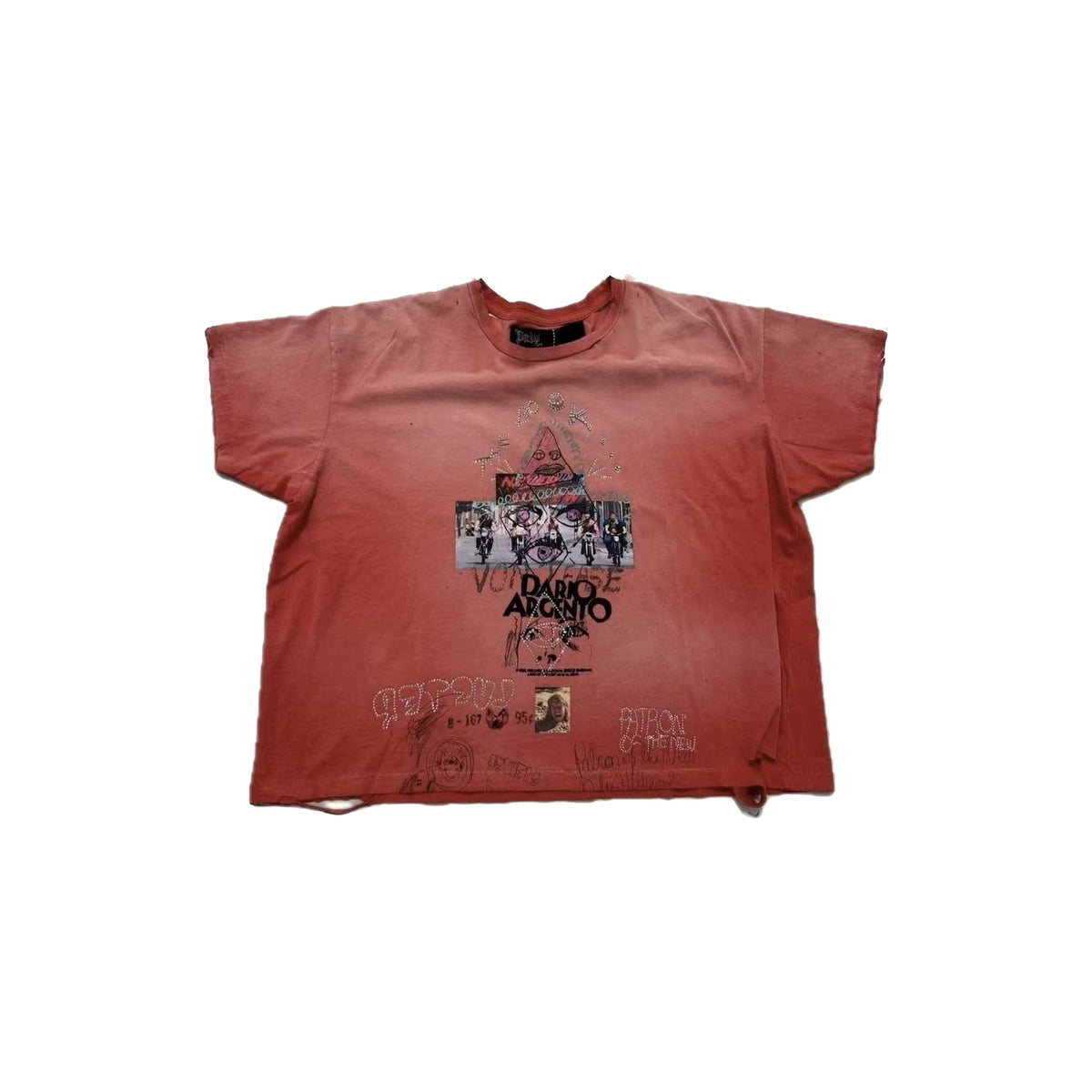 Play Hollywood Dario Argento Horror‑Collage Triangle‑Symbol Rusted‑Red Cropped Boxy Short‑Sleeve Tee